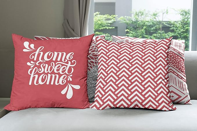 Ambesonne Geometric Throw Pillow Cushion Case Pack of 4, Home Phrase Minimal Zigzag Squama Dahlia Flower Petals Chevron Tribal, Modern Accent Double-Sided Digital Printing, 20", Dark Coral and White