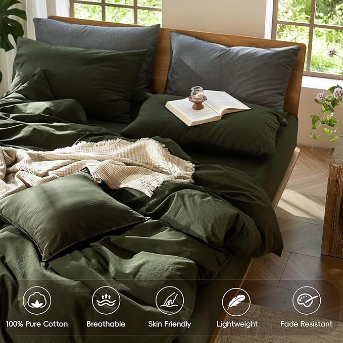 MooMee Bedding Duvet Cover Set 100% Washed Cotton Linen Like Textured Breathable Durable Soft Comfy (Solid Olive Green, Full 80"x90")