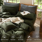MooMee Bedding Duvet Cover Set 100% Washed Cotton Linen Like Textured Breathable Durable Soft Comfy (Solid Olive Green, Super King 108"x98")