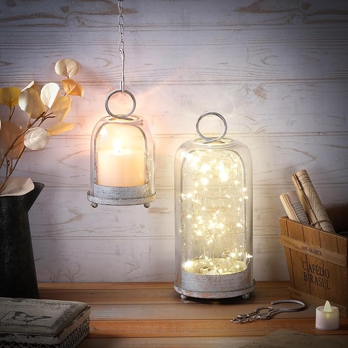 5" & 4" Wide Versatile Metal Candle Holder in Shabby White with Handmade Thick & Sturdy Glass Dome Cover for Pillar Candle & Plants, Farmhouse, Shabby Chic Style (2, White Shabby, Large & Small)