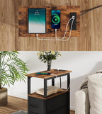 2 Set Narrow Side Table for Small Spaces, Skinny End Table with Charging Station, Sofa Beside Table with 2 Drawers 1 Open Compartment, Slim Nightstand with USB Ports Outlet, Rustic and Brown UTBT004F2