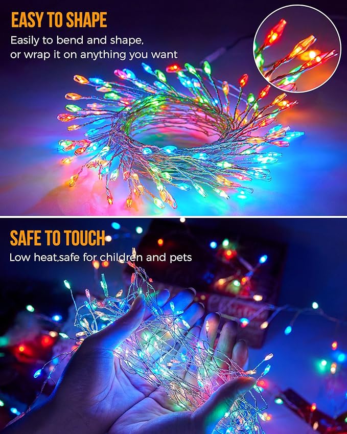 Battery Operated Fairy Lights, 10Feet 120LEDs Firecracker String Lights Waterproof Silver Wire Starry Firefly Lights for DIY Wreath Home Weeding Indoor Outdoor Christmas Decorations, Multicolor