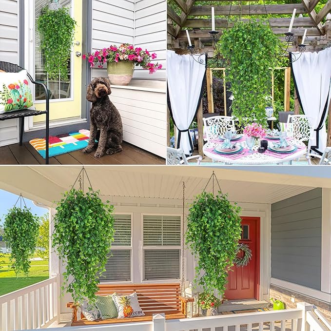 RECUTMS Artificial Hanging Plants 4pcs 33Inch Fake Wall Plant Faux Eucalyptus Leaves Ivy Swag UV Resistant Plastic Greenery Indoor Outdoor Home Garden Wedding Jungle Party Patio Office Shelf Decor