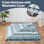 Japanese Floor Mattress, Futon Mattress with Portable Storage Bag and Washable Cover, Roll Up Thick Tatami Mat Suitable for Camping, Guest Room (Blue Striped Jacquard, Twin)