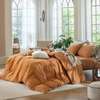 MooMee Bedding Duvet Cover Set 100% Washed Cotton Linen Like Textured Breathable Durable Soft Comfy (Solid Burnt Orange, Super King 108"x98")