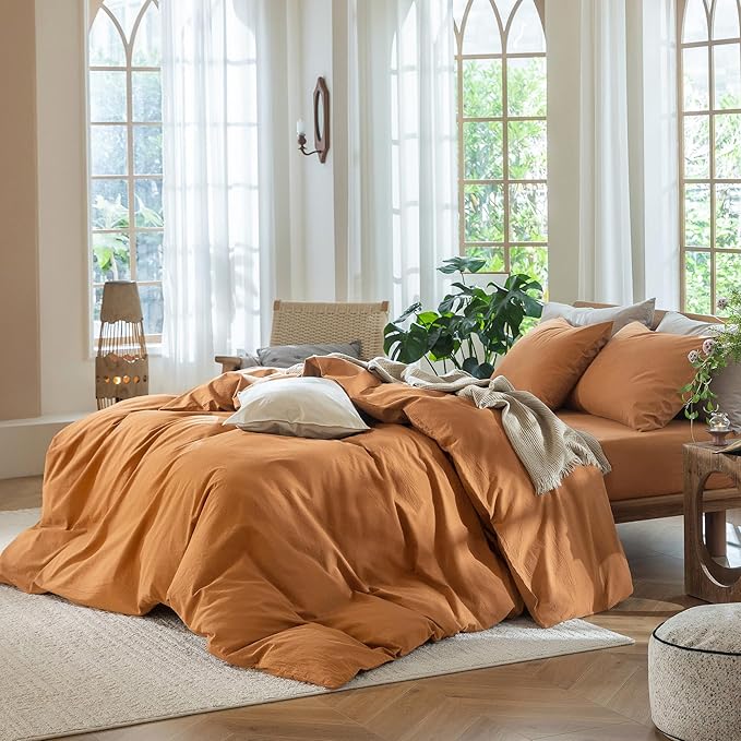MooMee Bedding Duvet Cover Set 100% Washed Cotton Linen Like Textured Breathable Durable Soft Comfy (Solid Burnt Orange, Twin 68"x90")