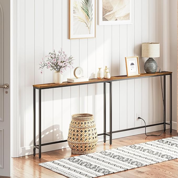 HOOBRO 78.7" Narrow Console Table with Charging Station, 5.9" Sofa Table with 2 Power Outlets and USB Ports, Long Entryway Tables Behind Couch Table, for Hallway, Living Room, Rustic Brown BF205UXG01