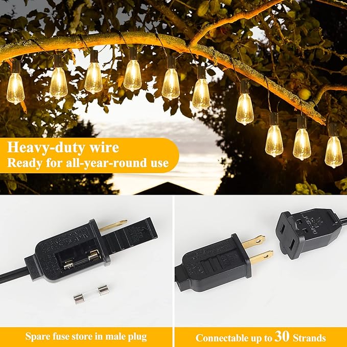 Brightever 50FT Outdoor String Lights Waterproof, 2700K Bright LED Patio Lights with 27 ST38 Shatterproof Vintage Bulbs, Retro Connectable Edison String Lights for Outside, Garden, Balcony, Porch