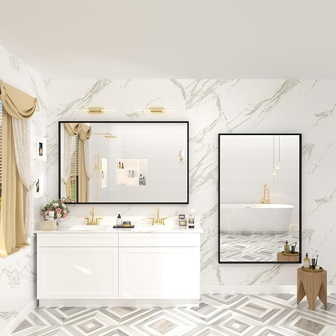 48x30 Inch Black Metal Framed Bathroom Mirror for Wall, Black Matte Rectangle Bathroom Vanity Mirror, Square Corner, Anti-Rust, Tempered Glass, Hangs Horizontally or Vertically