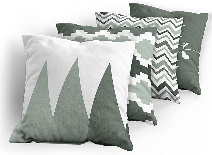 Ambesonne Modern Throw Pillow Cushion Case Pack of 4, Geometric Style Pattern of Triangles Zigzags Love Home Phrase Print, Modern Accent Double-Sided Digital Printing, 16", Dark Sea Green and White