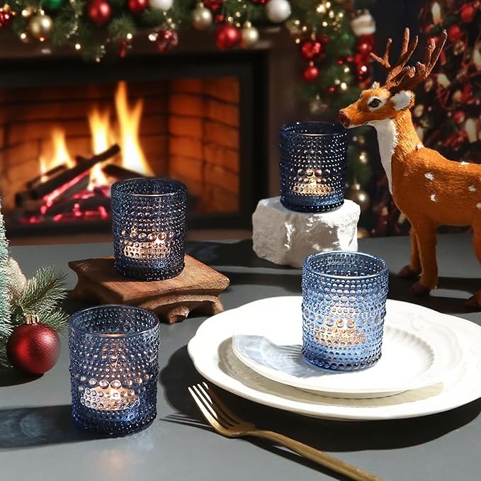 48 Pack Votive Candle Holders for Wedding, 2x2.5in Blue Vintage Glass Tea Light Candle Holders for Baby Shower, Tealight Candle Holder Decor for Home Table Centerpieces