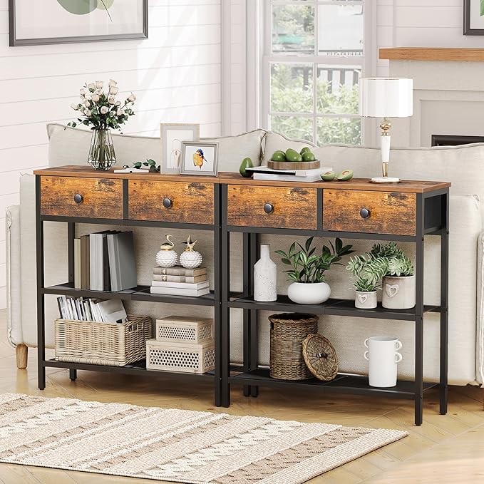 HOOBRO 29.5" Narrow Console Table with 2 Fabric Drawers, Sofa Table, Small Entryway Table with 3-Tier Storage Shelves, Behind Couch Table, for Living Room, Hallway, Rustic Brown and Black BF72XG01