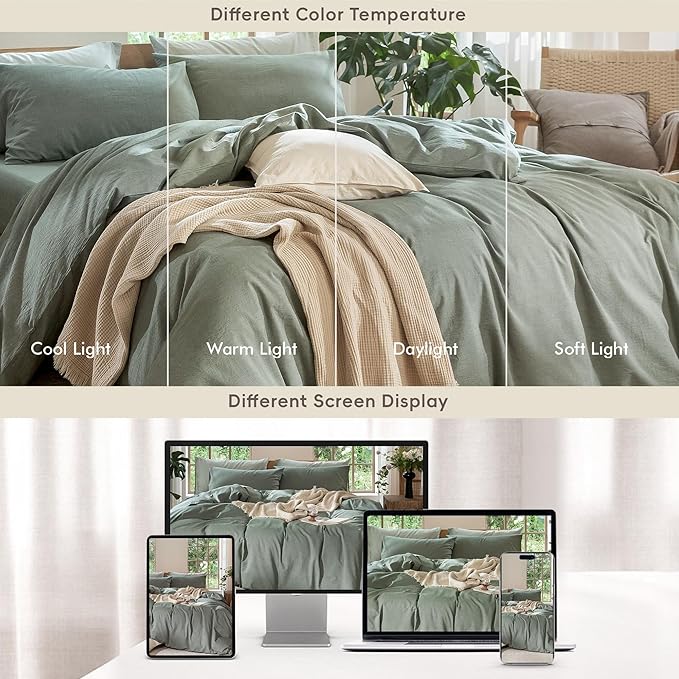 MooMee Bedding Duvet Cover Set 100% Washed Cotton Linen Like Textured Breathable Durable Soft Comfy (Heathered Green, King 104"x90")