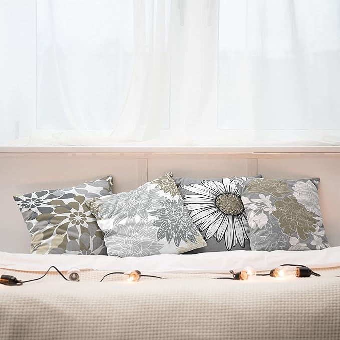 Ambesonne Floral Throw Pillow Cushion Case Pack of 4, Flower Petals Modern Color Palette Chamomile Peony Dahlia and Sunflower Print, Modern Accent Double-Sided Digital Printing, 24", Slate Brown Grey