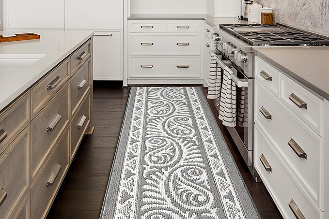 Custom Length Cut to Size Tribal Ethnic Southwestern Inspired Hallway Runner Rug, Non Slip Rubber Backed, 31 inch Wide X Customized Length, Mayan Grey, 31 inch X 10 feet