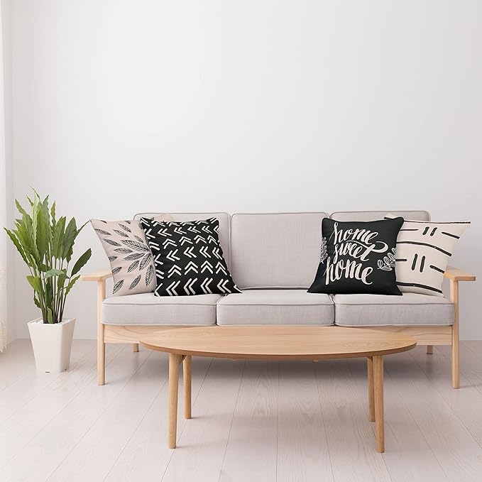 Ambesonne Modern Throw Pillow Cushion Case Pack of 4, Scandinavian Minimal Ornaments Boho Feather Leaves and Home Phrase, Modern Accent Double-Sided Digital Printing, 18", Pale Tan and Charcoal Grey