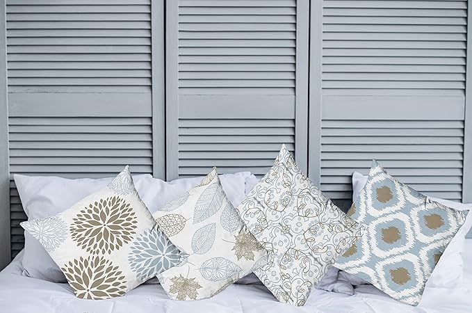 Ambesonne Vintage Throw Pillow Cushion Case Pack of 4, Bohemian Ornamental Leaves Dahlia Pattern Geometric Art Curlicue Motif, Modern Accent Double-Sided Digital Printing, 18", Blue Grey and Cocoa