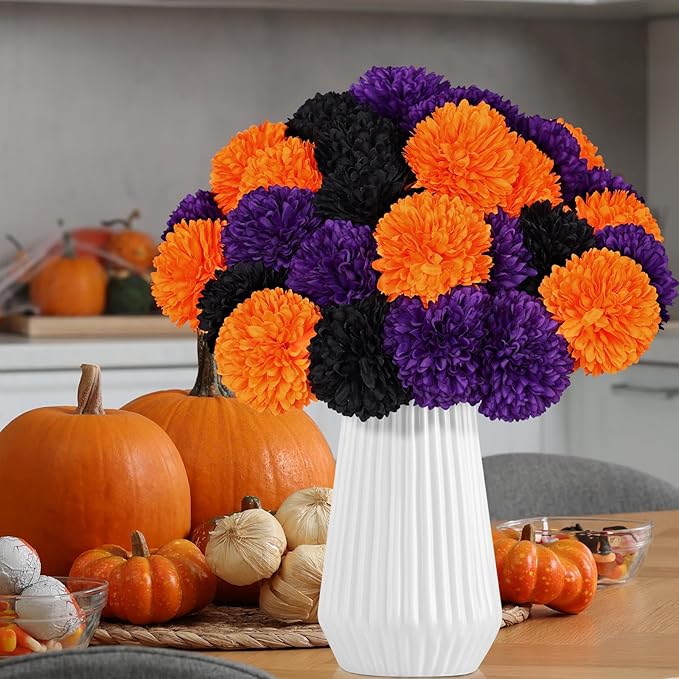 36 Pcs Halloween Artificial Flowers Halloween Chrysanthemums Ball Silk Flowers Black Orange Purple Fake Hydrangea for Halloween Party Home Table Centerpieces Vase Decor