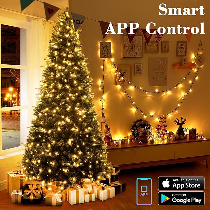 BrizLabs Color Changing Smart Christmas Lights, 98ft 300 LED Warm White & Multicolor Christmas Lighting with APP/Voice Control, Music Sync Xmas Tree Lights Dimmable String Lighting for Xmas Party Tree