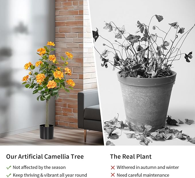Artificial Camellia Tree 2 Pack, Artificial Plants Outdoor Faux Floral Plant in Cement Pot Fake Silk Camellia Tree Plants for Home House Living Room Office Decor