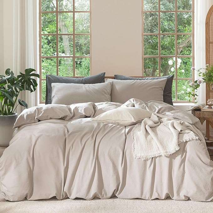 MooMee Bedding Duvet Cover Set 100% Washed Cotton Linen Like Textured Breathable Durable Soft Comfy (Solid Light Tan, Full 80"x90")