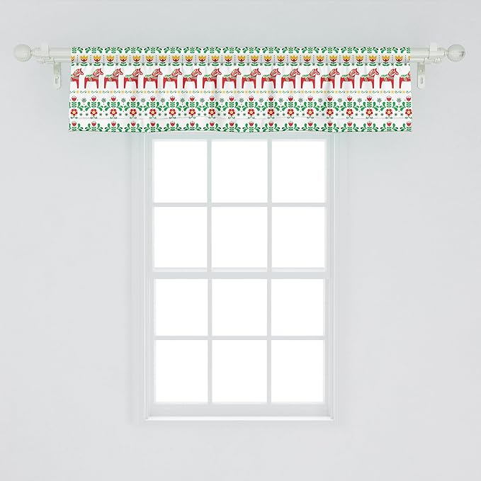 Ambesonne Folk Art Window Valance Pack of 2, Scandinavian Themed Pattern of Swedish Dala Horse and Flowers, Rod Pocket Curtain Valances for Kitchen Bedroom, 54" X 12", Green Vermilion