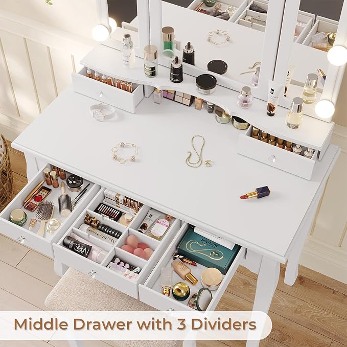 Tiptiper Vanity Table Set with Lighted Tri-Folding Mirror, Makeup Vanity with Lights & 3 Color Lighting Modes, Vanity Desk with Mirror and Cushioned Stool, Makeup Table with 5 Drawers, White