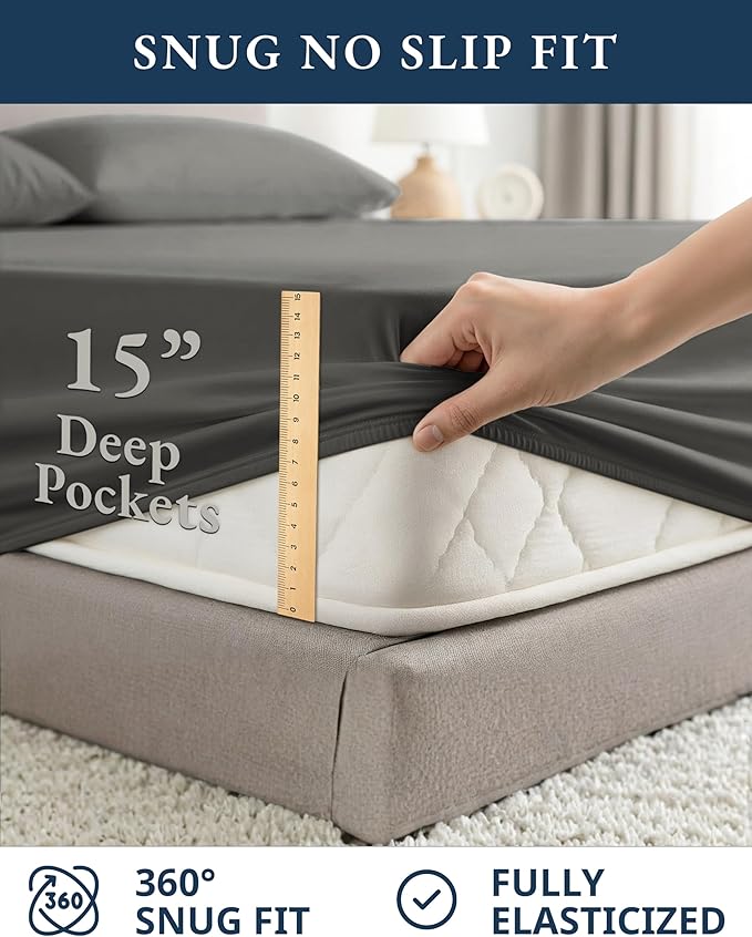 LANE LINEN 100% Organic Cotton California King Sheets Set, Fully Elasticized Reinforsed Seams in Fitted Pocket, Machine Washable All Season Cal King Sheet Deep Pocket Bedding-Charcoal