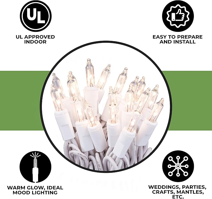 612 Vermont Clear 20 Count Christmas String Lights on White Wire Cord, UL Approved for Indoor Use Only, Total Length 4.9 Foot, Lighted Length 3.4 Foot
