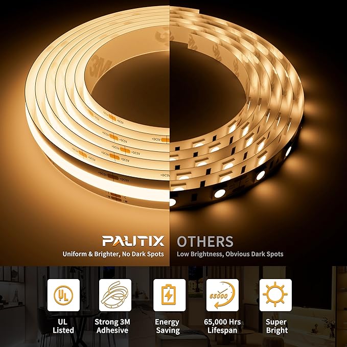 PAUTIX 5V USB CCT Tunable COB LED Strip Lights 6.56ft/2m,1280LEDs 1200lm 2700K-6500K Dimmable CRI85+ with RF Remote TV Backlight,Flexible Under Cabinet Tape Light for Bedroom,Kitchen,Home DIY Lighting