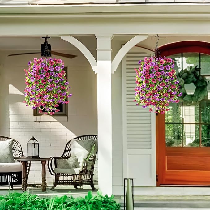 Artificial Fake Hanging Plants Flowers Baskets for Outdoor Outside Spring Decor,Faux Silk Daisy UV Resistant Look Real Summer Decorations for Home Porch Patio Yard Garden(Light Purple