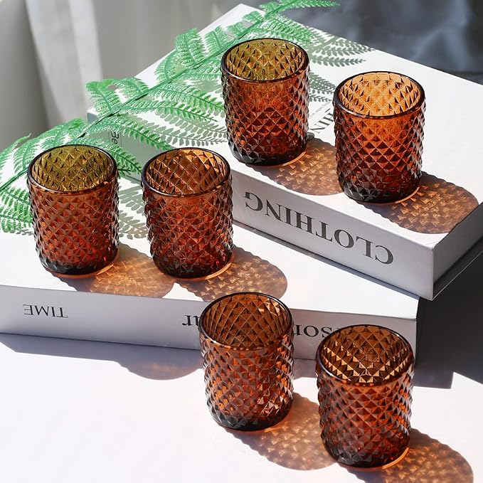 Woho 12pcs Amber Votive Candle Holders Vintage, Glass Tealight Candle Holder for Boho Wedding Table Centerpiece, Brown Tea Lights Candle Holder for Halloween Thanksgiving Decor