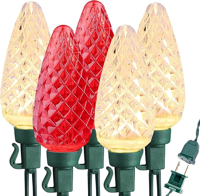 Brizled Red & Warm White Christmas Lights, 66ft 100 LED C9 Christmas Lights, Connectable Outdoor Faceted Strawberry Light String, 120V UL Certified Indoor Xmas Tree Light for Home Holiday Party Decor