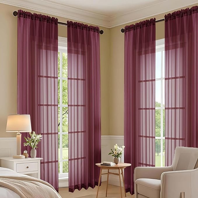 OVZME Burgundy Bedroom Curtains 2 Panel Sets 90 Inch Length, 59 Inch Extra Wide Light Filtering Light Weight Soft Window Treatment Panels for Study Room Living Room Guest Room, 59Wx90L Inches