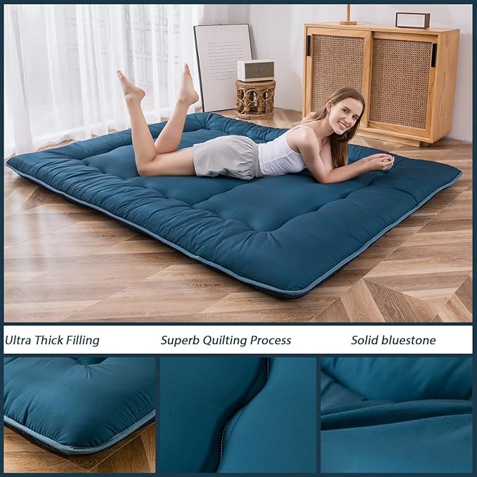 MAXYOYO Japanese Floor Mattress Futon Mattress, Thicken Sleeping Pad Foldable Roll Up Floor Futon for Adults Tatami Mat Dormitory Bed Lounger, Bluestone, Full Size