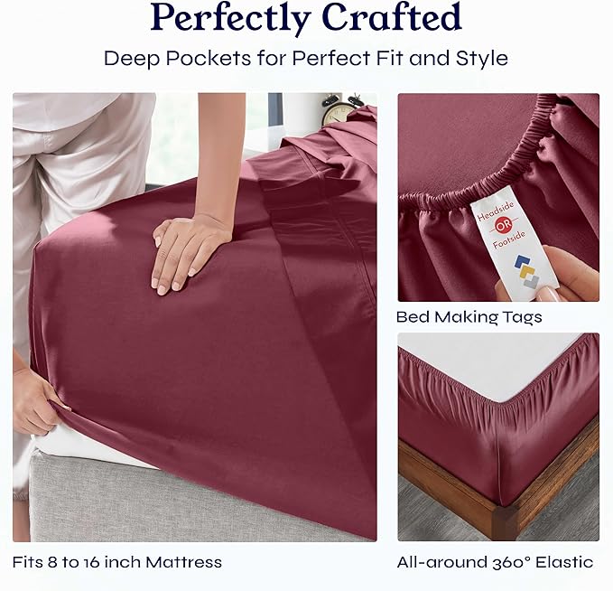 California Design Den King Size Sheets Set - Soft 400 Thread Count Sateen, Natural 100% Cotton Sheets with Deep Pockets, Breathable, Cooling and Durable Bedding Set - Burgundy Red