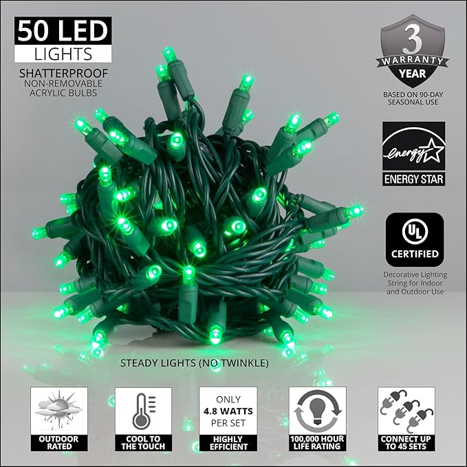 50 5mm LED Green Christmas Lights, 6" Spacing, 25' Halloween String Lights St. Patricks Day Lights Christmas String Lights Mini Lights Halloween Decorations Outdoor