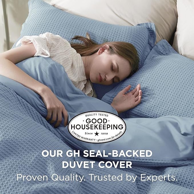 Bedsure Cotton Duvet Cover King - 100% Cotton Waffle Weave Grey Blue Duvet Cover King Size, GentleSoft™ and Breathable Bedding Set for All Season, 3 Pieces, 104"x90"
