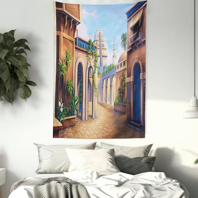 Lunarable City Tapestry, Babylon City Gardens Architecture 7 Wonders of the World, Fabric Wall Hanging Decor for Bedroom Living Room Dorm, 30" X 45", Caramel Green