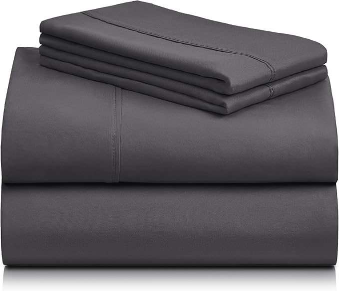 LuxClub 4 PC Queen Sheet Set, Sheets Queen Size, Deep Pockets Wrinkle Free Cooling Sheets Machine Washable Hotel Bedding Silky Soft - Dark Grey Queen
