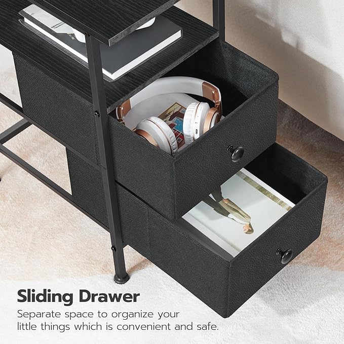 HOOBRO End Table with Charging Station, Narrow Side Table, Nightstand with 2 Non-Woven Drawers, Slim Sofa Side Table, for Small Spaces, Living Room, Bedroom, Black BB486UBZ01