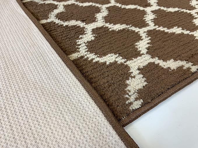 Custom Size Cut to Length Moroccan Trellis Design Runner Rug Mat For Wide Long Hallways with Non-Slip Rubber Backing, Better Traction for Pets, Prevent Slippage, Trellis Brown, 31 inch X 5 feet
