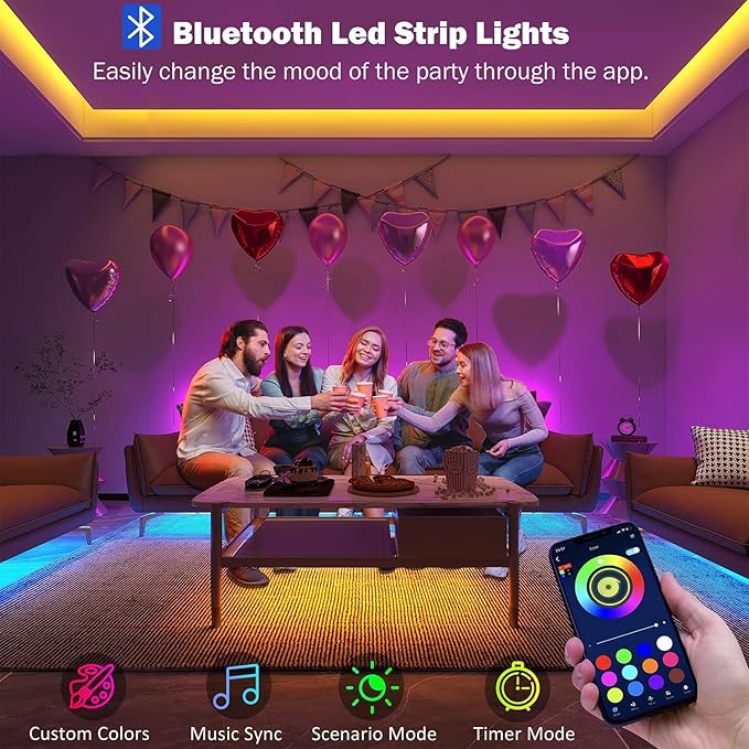 32.8ft Led Strip Lights Smart App Music Sync Color Changing RGB Led Light Strips Bluetooth LED Strips with Remote Led Lights for Bedroom Home Decoration