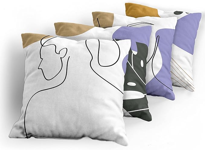Ambesonne Minimal Throw Pillow Cushion Case Pack of 4, Modern Line Art Woman Portrait with Contemporary Leafy Geometric Details, Modern Accent Double-Sided Digital Printing, 16", Tan Amber Lavender