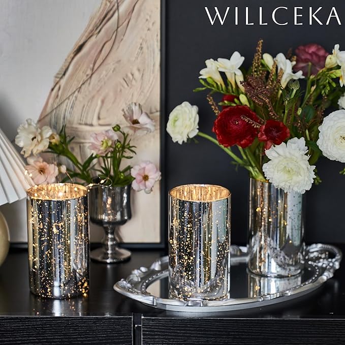 Silver Cylinder Vases for Centerpieces, Modern Glass Vase Set of 12 Decorative Hurricane Candle Holder for Pillar Candle Holders Flowers for Table Centerpiece, Sliver