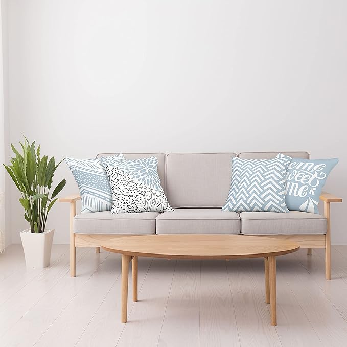 Ambesonne Geometric Throw Pillow Cushion Case Pack of 4, Home Phrase Minimal Zigzag Squama Dahlia Flower Petals Chevron Tribal, Modern Accent Double-Sided Digital Printing, 18", Pale Blue Grey White