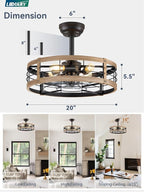 LEDIARY 20 Inch Fandelier Caged Ceiling Fan with Light, Bladeless Ceiling Fan with Remote, Small Farmhouse Fan Lights Ceiling Fixtures for Kitchen, Bedroom-Brown