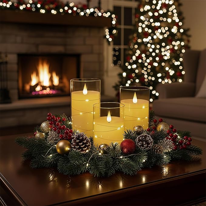 Homemory Flickering Flameless Candles with String Lights, Battery Operated Candles, Embedded String Lights LED Candles, Unbreakable Plexiglass Candle with Remote, Set of 3, Ivory White