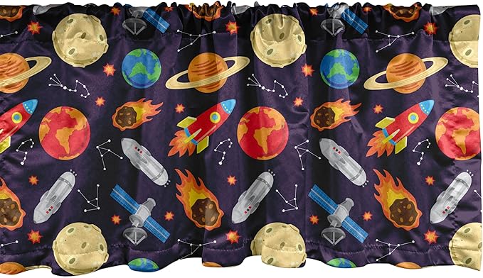 Ambesonne Space Window Valance Pack of 2, Universe Themed Illustration with Earth Moon Constellations Saturn Rockets Stars, Rod Pocket Curtain Valances for Kitchen Bedroom, 42" X 12", Dark Night Blue