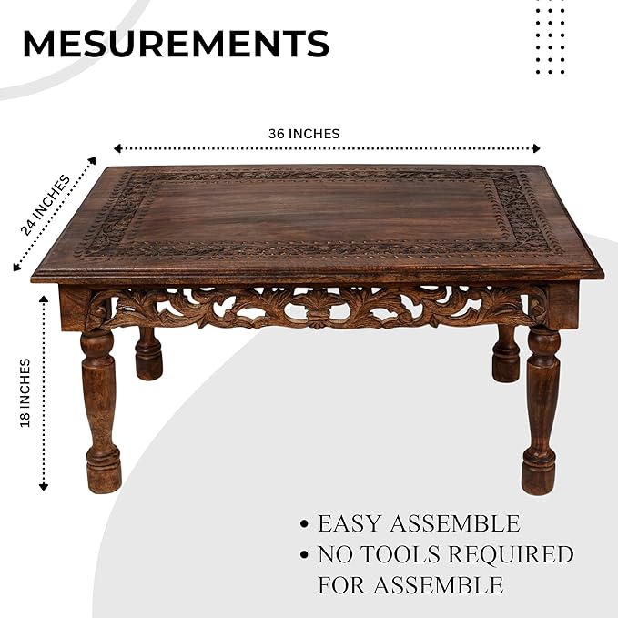 Rectangular Wooden Coffee Table Cutwork Jali Carving, Farmhouse Coffee Table, Rustic Center Table, Mid Century, Rustic and Modern Style Living Room Furniture - 36x24x18 Inch Burnt